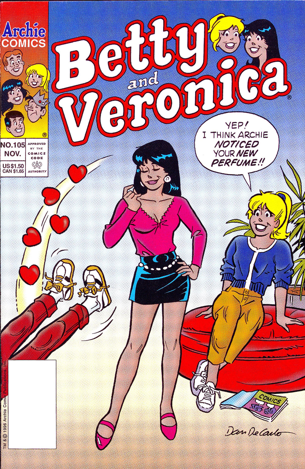 Cover of BETTY AND VERONICA #105. Archie has just fainted in Veronica's presence. Betty says, "Yep! I think Archie noticed your new perfume!"