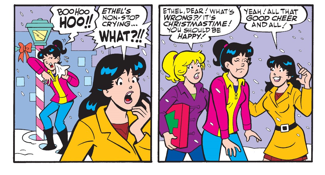 A panel from an Archie Comics story. Ethel Muggs cries because she misses her family at Christmas, while Betty and Veronica try to cheer her up.