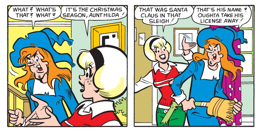 A panel from an Archie Comics story. Sabrina's Aunt Hilda complains about getting run over by Santa Claus.