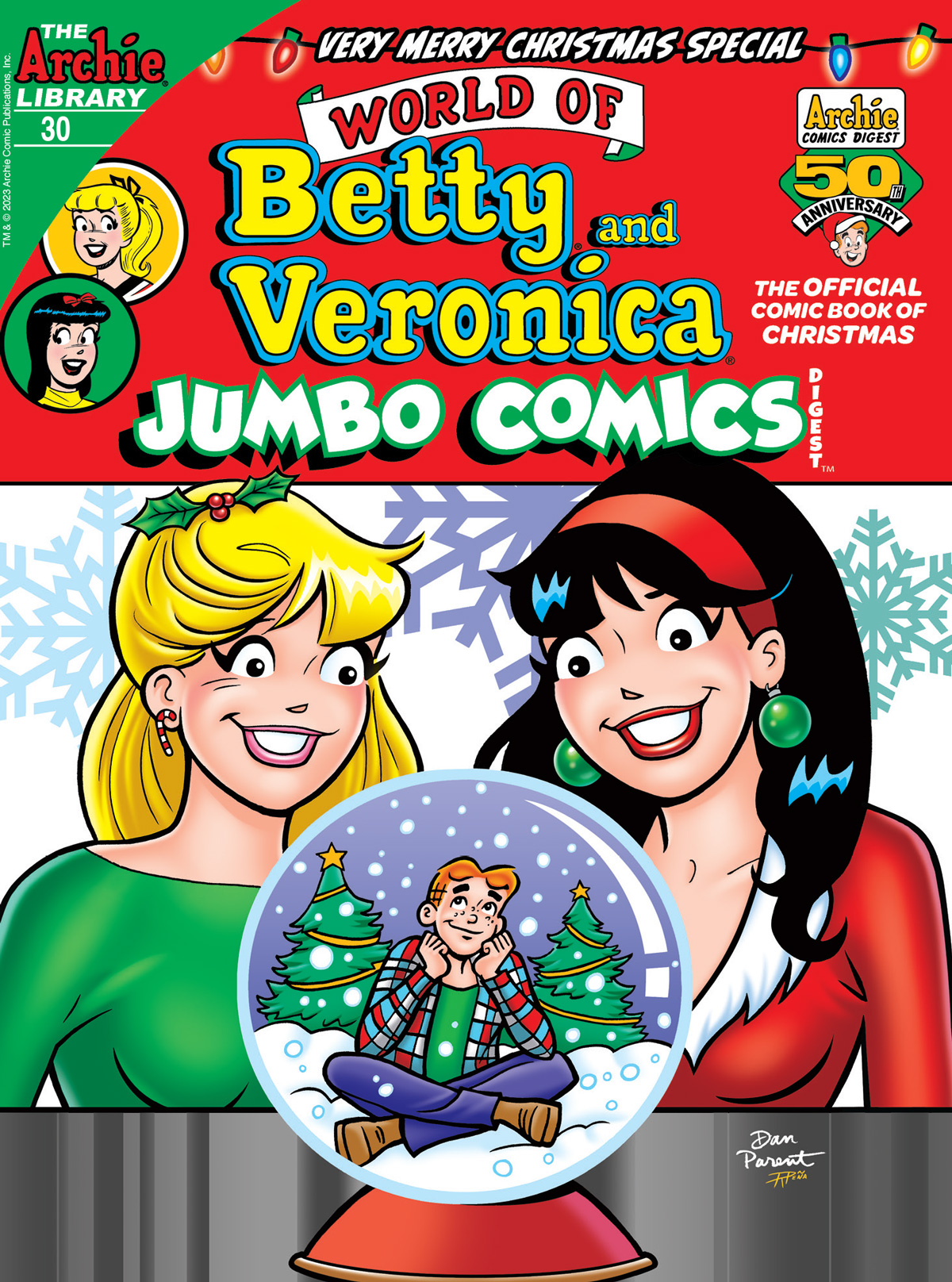 Cover of WORLD OF BETTY AND VERONICA DIGEST #30. Betty and Veronica look at Archie, who is shrunk down inside of a snow globe.