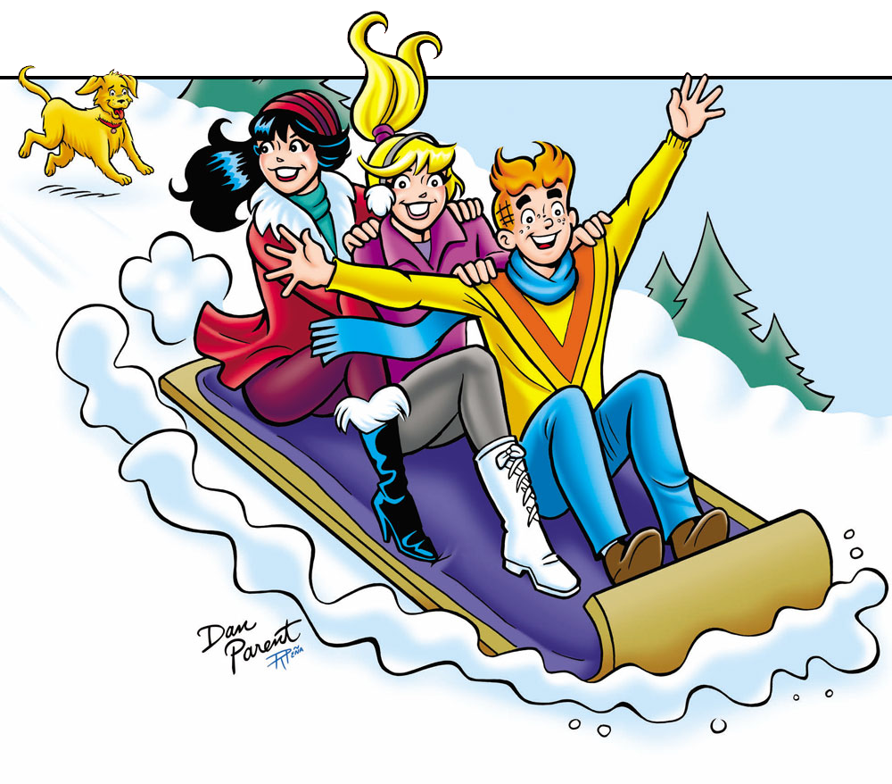 Panel from and Archie Comics story. Betty, Veronica, and Archie sled down a hill in the snow with Vegas the dog chasing after them.