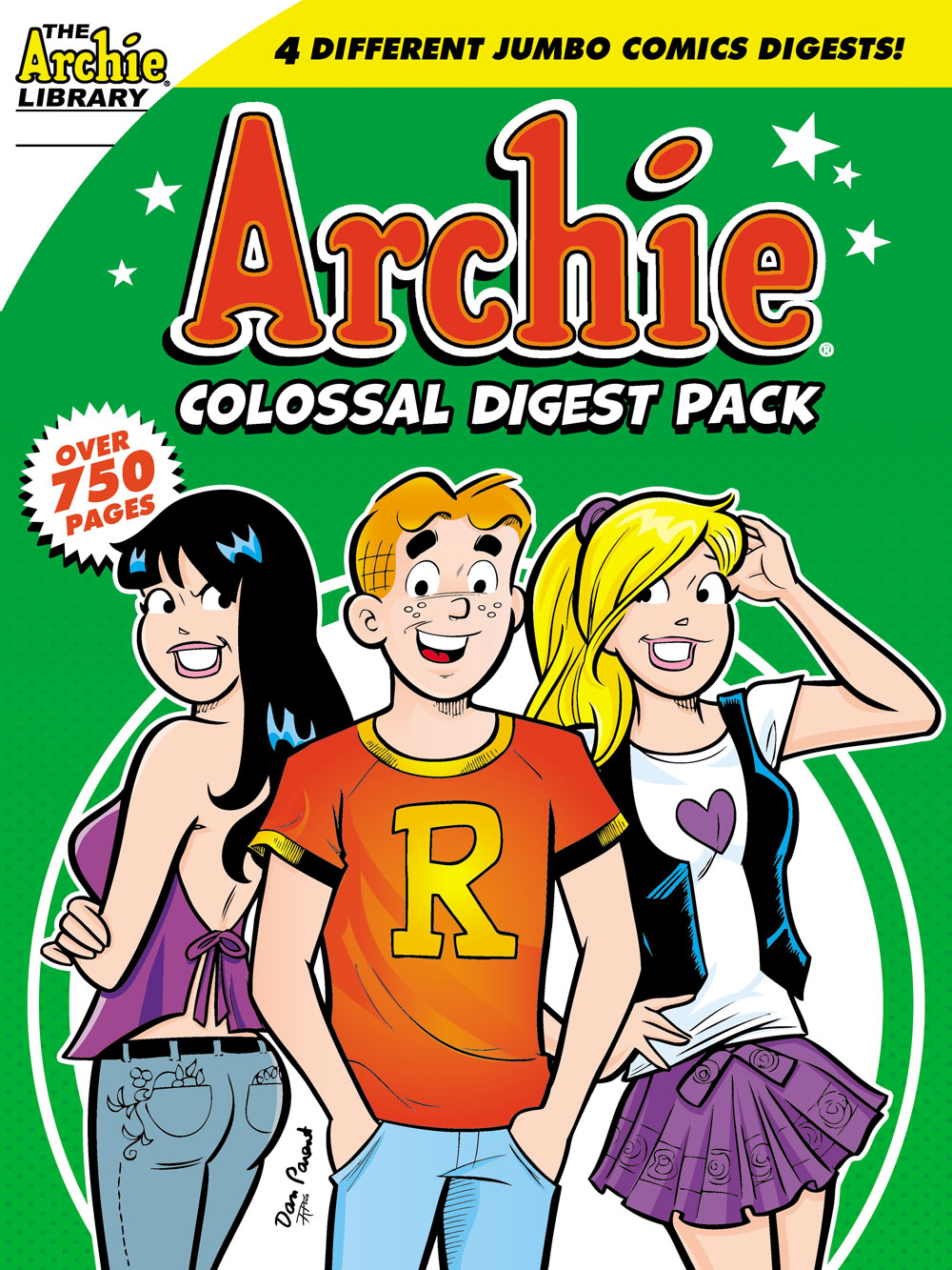 The cover of ARCHIE COLOSSAL DIGEST PACK. Betty and Veronica stand on either side of Archie smiling.
