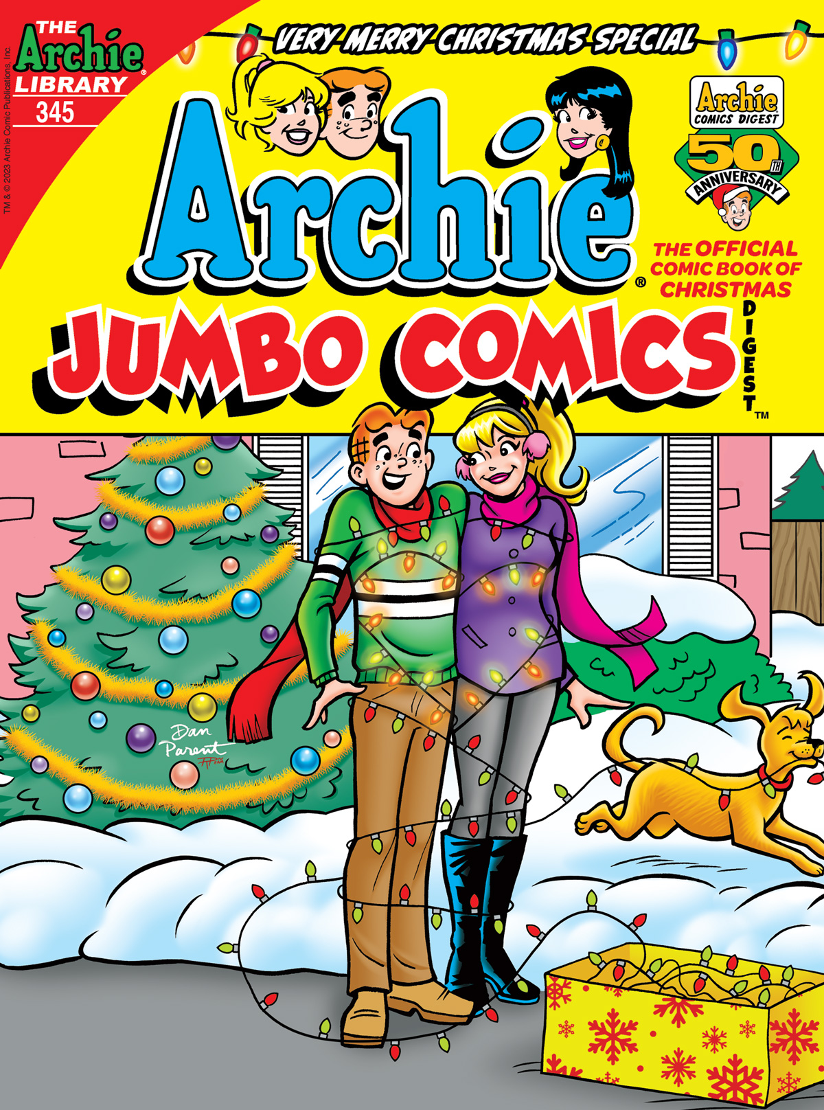 Cover of ARCHIE DIGEST #345. Betty and Veronica stand outside in the snow at Christmas time. Vegas the dog has just tied them together with a string of Christmas lights.