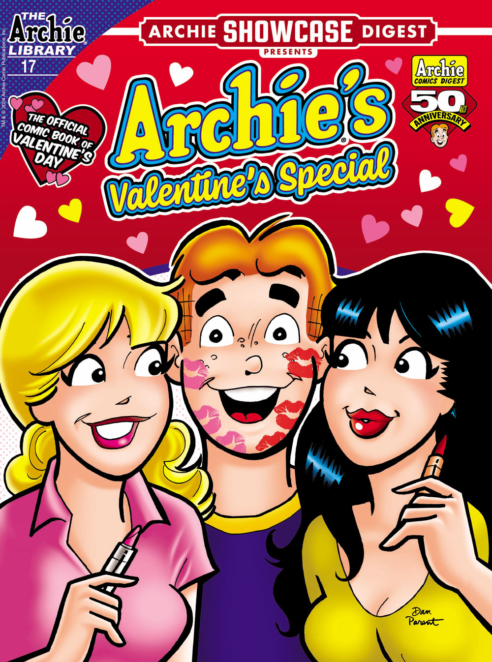 Cover of ARCHIE SHOWCASE DIGEST #17. Betty and Veronica have just kissed Archie, who has lipstick marks on his face. 