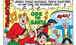 A panel from an Archie Comics story. The Archie band plays a loud Christmas song while Mr. Lodge covers his ears.
