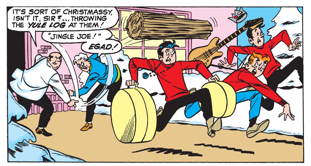 Panel from an Archie Comics story. Jughead and Reggie run away from Mr. Lodge and Smithers with their band gear.