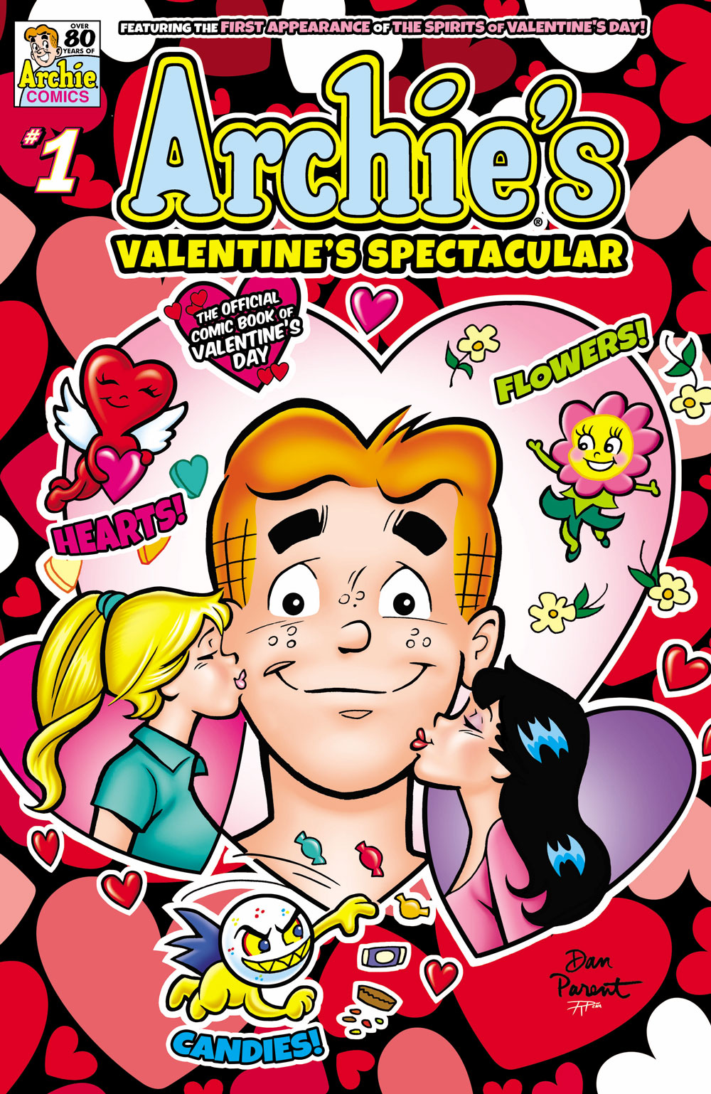 Variant cover of ARCHIE'S VALENTINE'S SPECTACULAR #1. Betty and Veronica kiss Archie on the cheek, surrounded by the Spirits of Valentine's Day: Hearts, Flowers, and Candy.