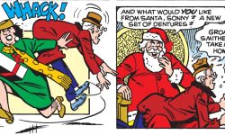 A panel from and Archie Comics story. Christmas shoppers knock over Mr. Lodge. He lands on Santa Claus's lap. Santa says, "And what would you like from Santa, Sonny? A new set of dentures?" Mr. Lodge replies, "Groan! Smithers, take me home!"