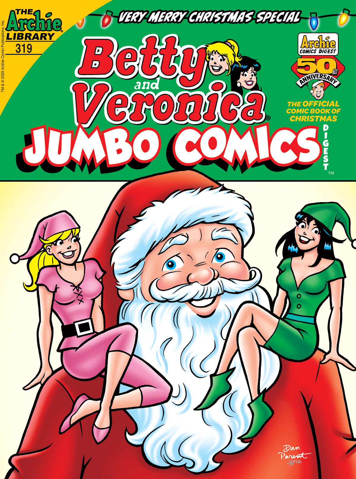 The cover of BETTY & VERONICA DIGEST #319. Betty and Veronica are dressed as Santa's elves, sitting on his shoulders.