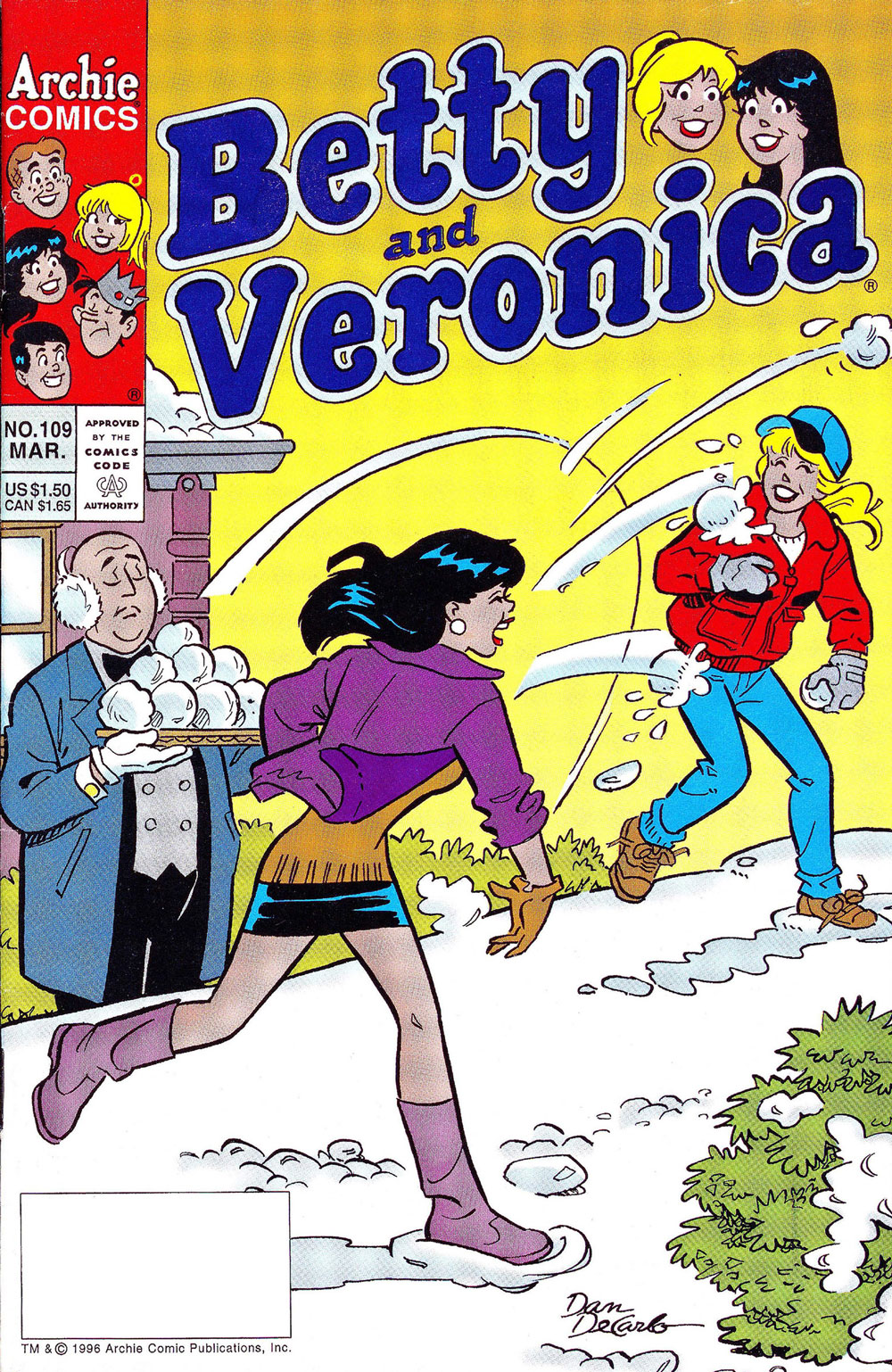 The cover of BETTY AND VERONICA #109. Betty and Veronica have a snowball fight.
