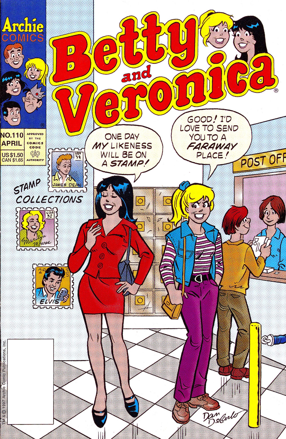 Cover of BETTY AND VERONICA #110. Betty and Veronica are in the post office. Veronica says, "One day my likeness will be on a stamp!" Betty responds, "Good! I'd love to send you to a faraway place!"