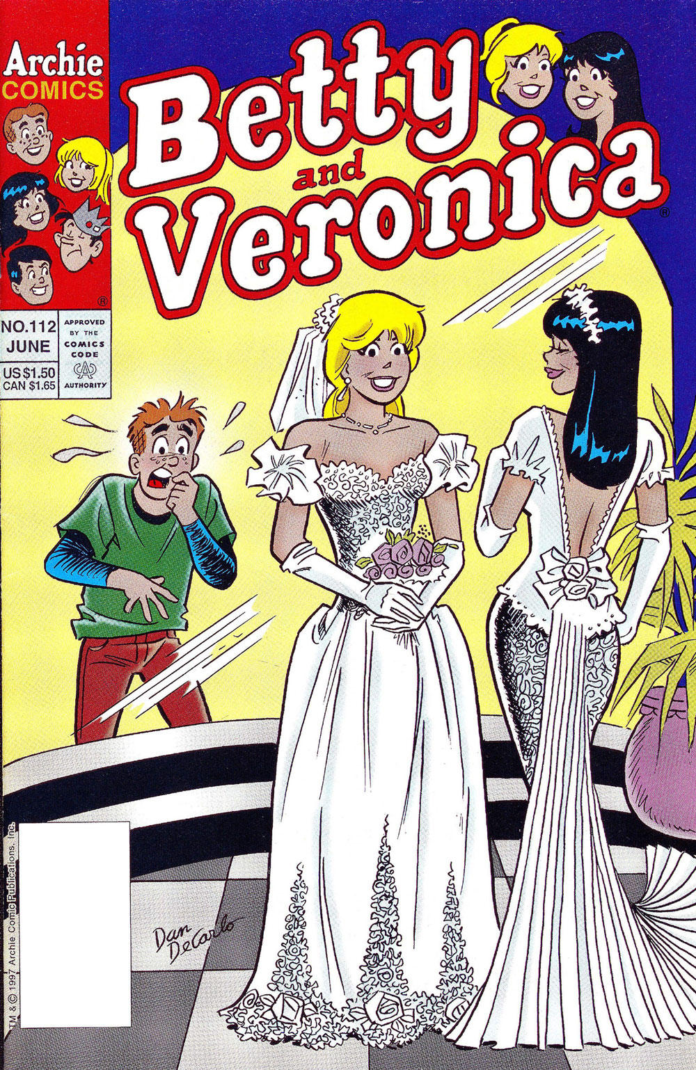 Cover of BETTY AND VERONICA #112. Betty and Veronica try on wedding dresses while Archie looks on in shock.