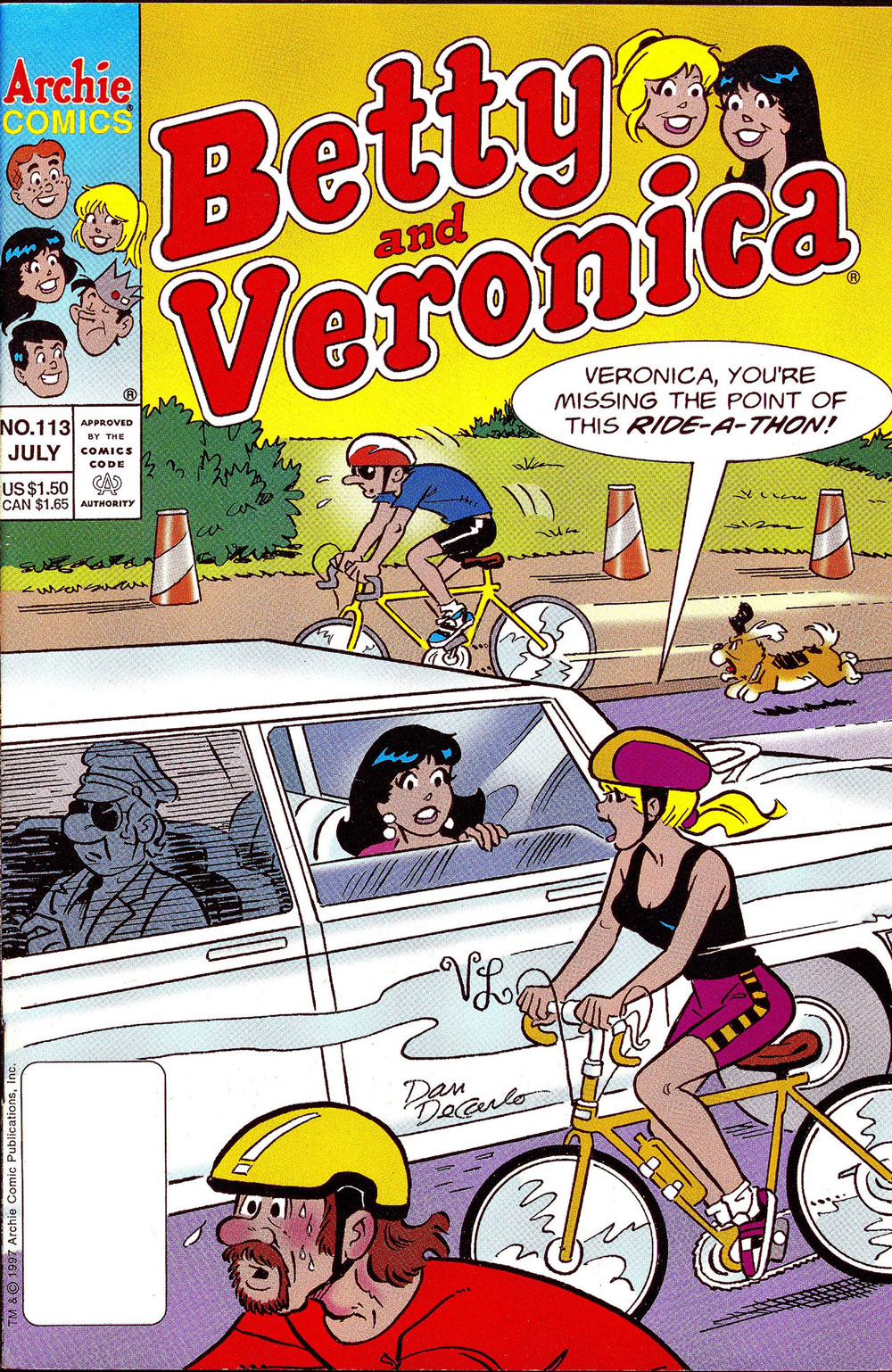 The cover of BETTY AND VERONICA #113. Betty is riding in a bike marathon and Veronica has joined her, but inside of her limo.