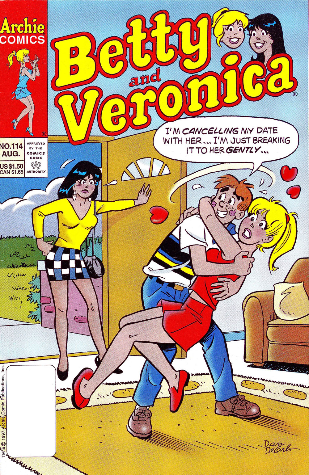 Cover of BETTY AND VERONICA #114. Betty and Archie are kissing while Veronica looks on in anger -- he says he was trying to break a date with Betty gently.