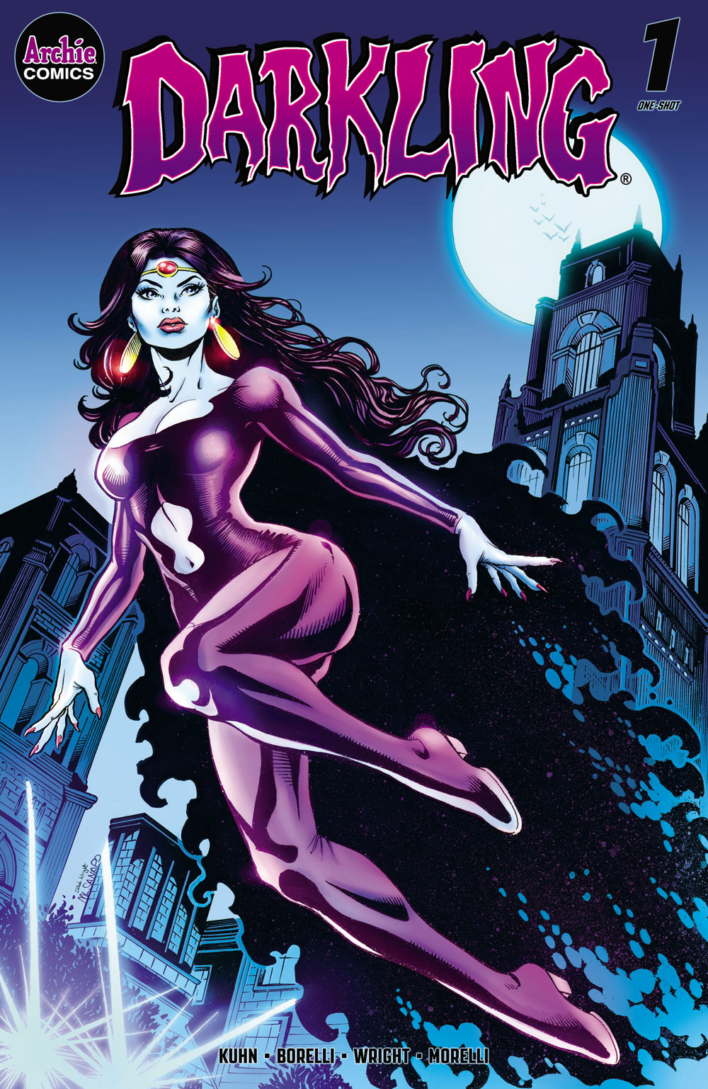 The cover of DARKLING #1. Darkling, an Asian woman in a black cloak and purple superhero costume, floats above Ivy Hollow University, a gothic building, at night.