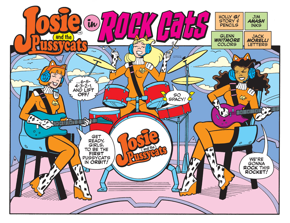 A panel from an Archie Comics story. Josie and the Pussycats are warming up on their instruments in a spaceship before launch. 