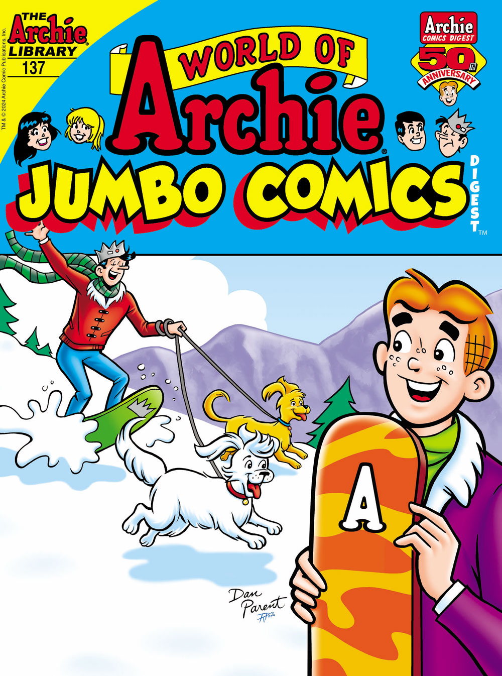 Cover of WORLD OF ARCHIE DIGEST #137. Archie watches Jughead snowboard down a hill, holding the dogs Vegas and Hot Dog, by their leashes.