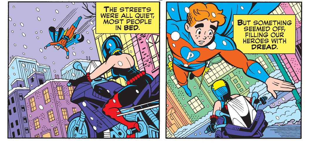A panel from an Archie Comics story. The superheroes Pow-Girl and Pureheart fly into action in a snowy city street.