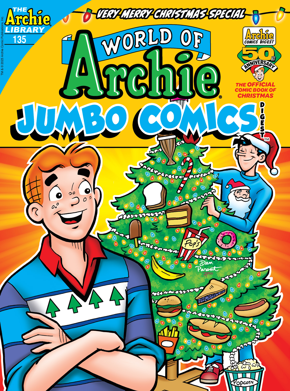 The cover of WORLD OF ARCHIE DIGEST #135. Jughead decorates the Christmas tree with food while Archie looks on.