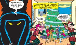 A panel from an Archie Comics story. Grumpus looks on Christmas festivities in Riverdale, plotting an evil scheme.