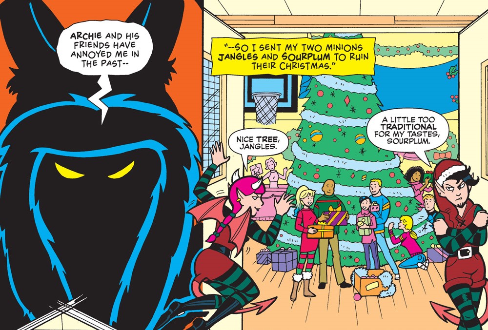 A panel from an Archie Comics story. Grumpus looks on Christmas festivities in Riverdale, plotting an evil scheme.