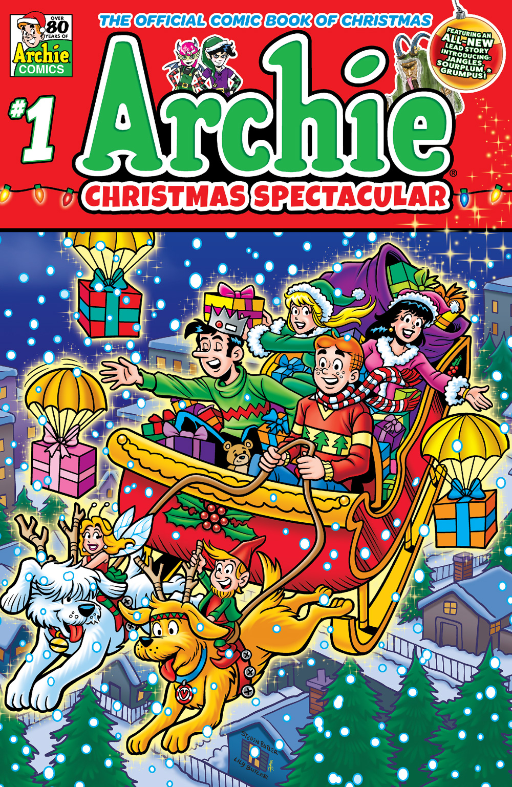 The cover of ARCHIE CHRISTMAS SPECTACULAR. Archie and all of his friends ride in Santa's sleigh at Christmastime, with Jingles the Elf and Sugarplum the Fairy.