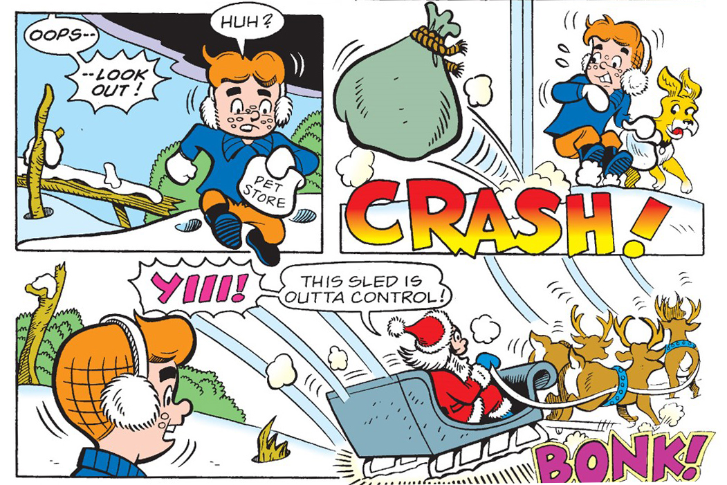Panel from an Archie Comics story. Santa Claus's sleigh breaks and he drops a bag of presents near Little Archie in the snow. 