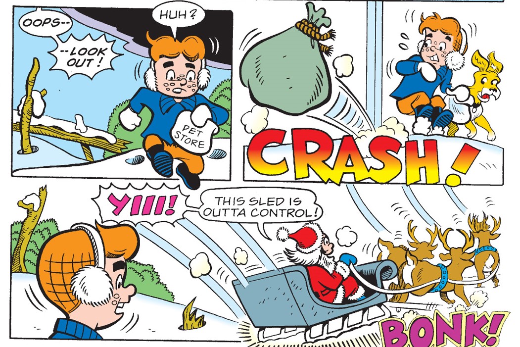 Panel from an Archie Comics story. Santa Claus's sleigh breaks and he drops a bag of presents near Little Archie in the snow.