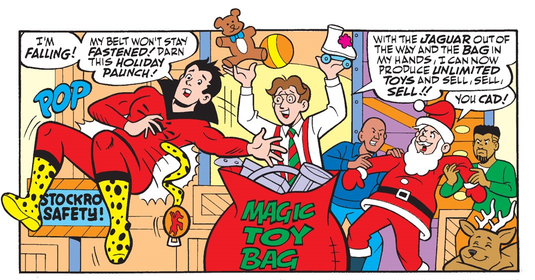 A panel from an Archie Comics story. The Jaguar can't fit into his magical belt and a villain uses the chance to capitalize on Christmas.