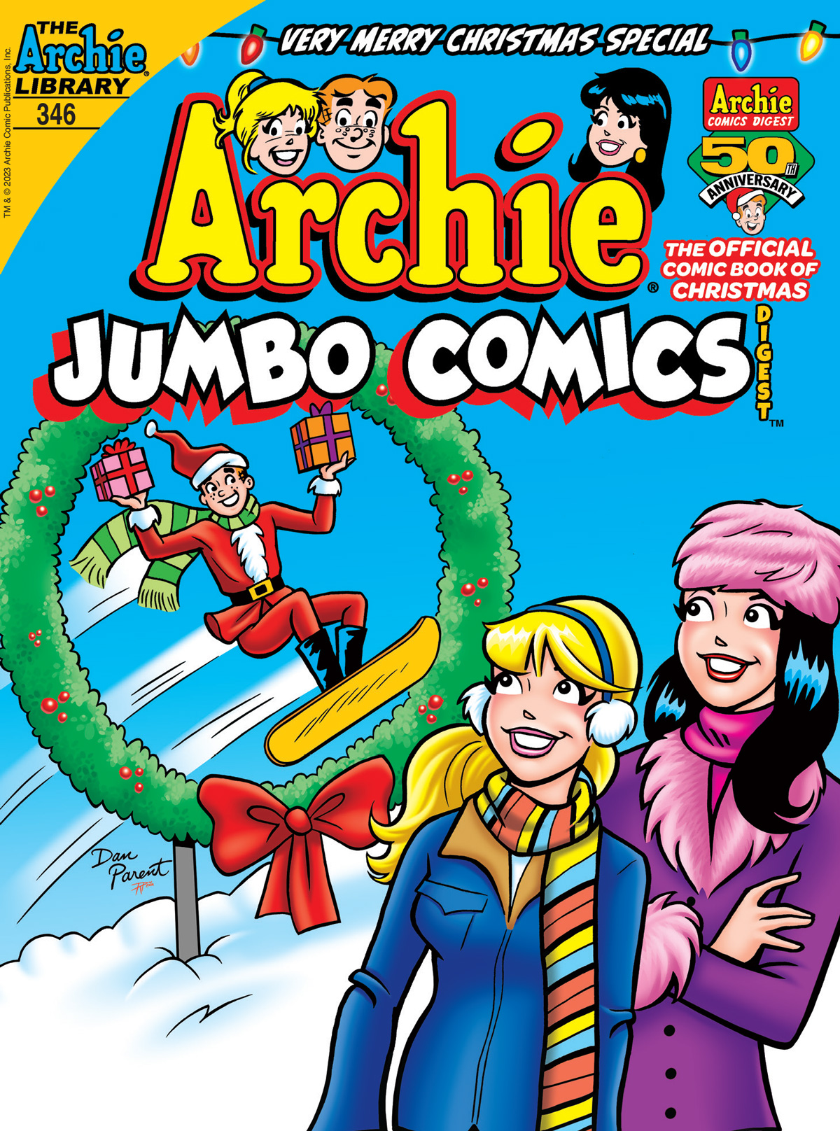 The cover of ARCHIE DIGEST #346. Archie snowboards through a giant Christmas wreath while Betty and Veronica look on.