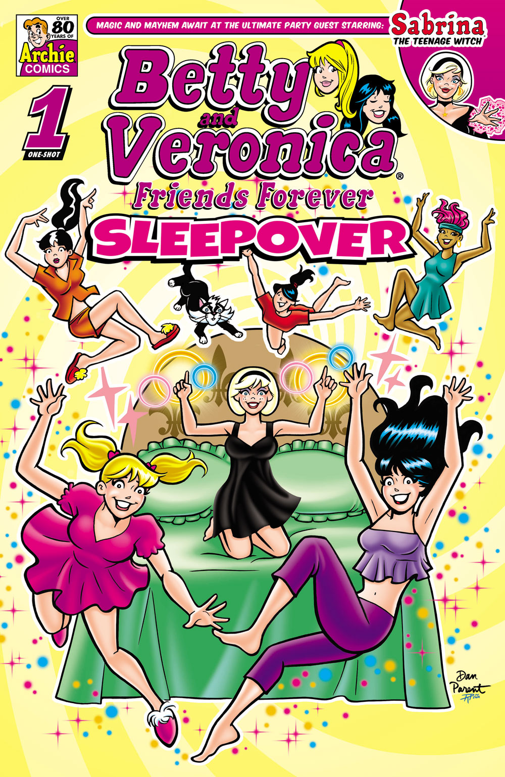 Cover of BETTY & VERONICA FRIENDS FOREVER: SLEEPOVER. Betty, Veronica, Sabrina, and other girls float around a bedroom from one of Sabrina's magical spells.
