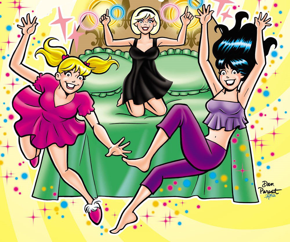 Panel from an Archie Comics story. Betty, Veronica, and Sabrina float in a bedroom from a magical spell.
