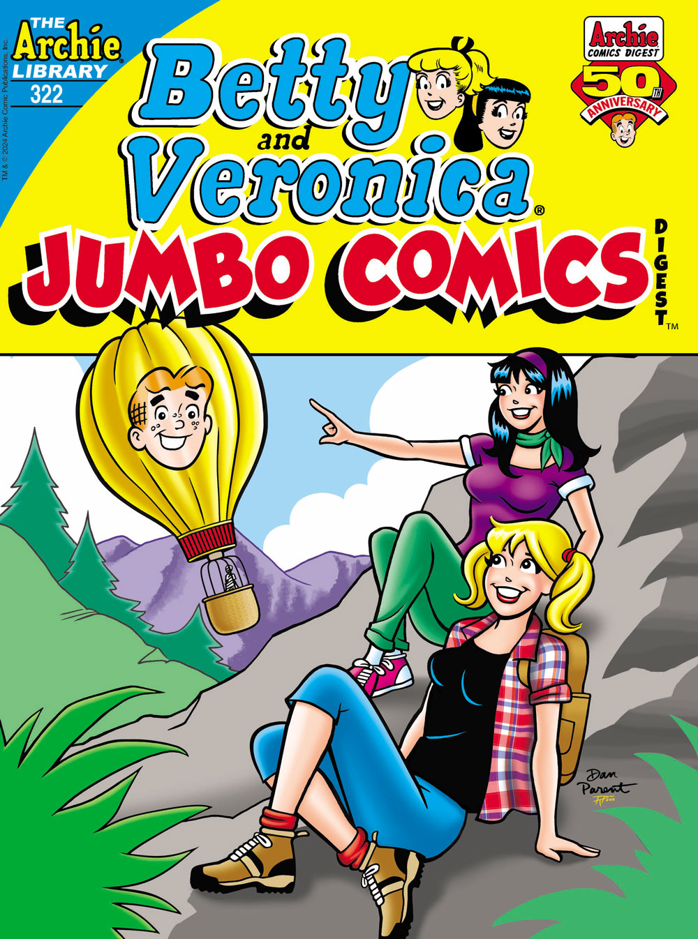 Cover of BETTY AND VERONICA JUMBO COMICS DIGEST #322. Betty and Veronica sit on a rock in the forest pointing at a hot air balloon with Archie's face emblazoned on the side.