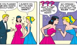 A panel from an Archie Comics story. Betty pokes fun at Veronica for never keeping her New Year's resolutions.