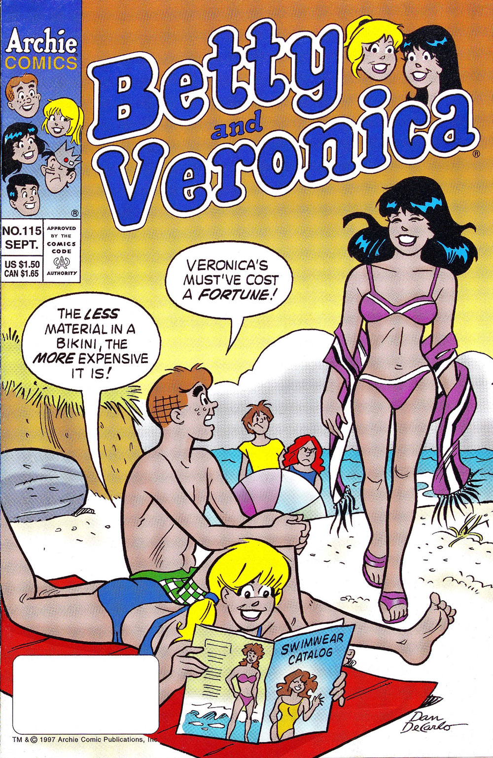 The cover of BETTY AND VERONICA #115. Betty, Archie, and Veronica are on the beach and Archie makes a joke about Veronica's bikini.