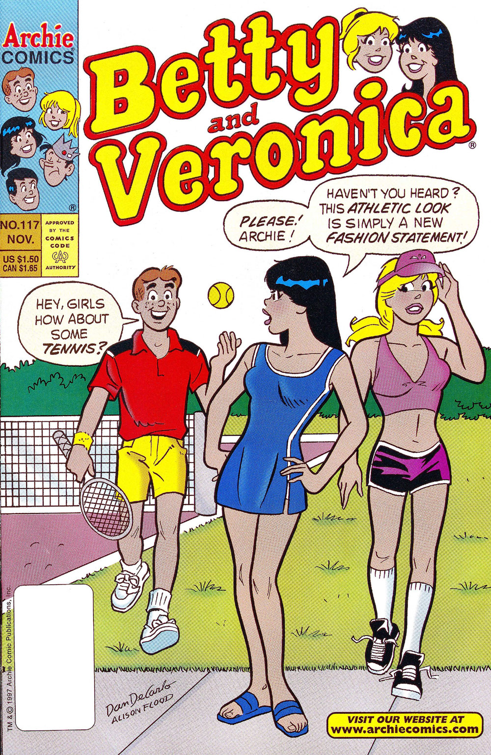 The cover of BETTY AND VERONICA #117. Archie asks Betty and Veronica to play tennis, but Veronica says their tennis outfits are for fashion only.