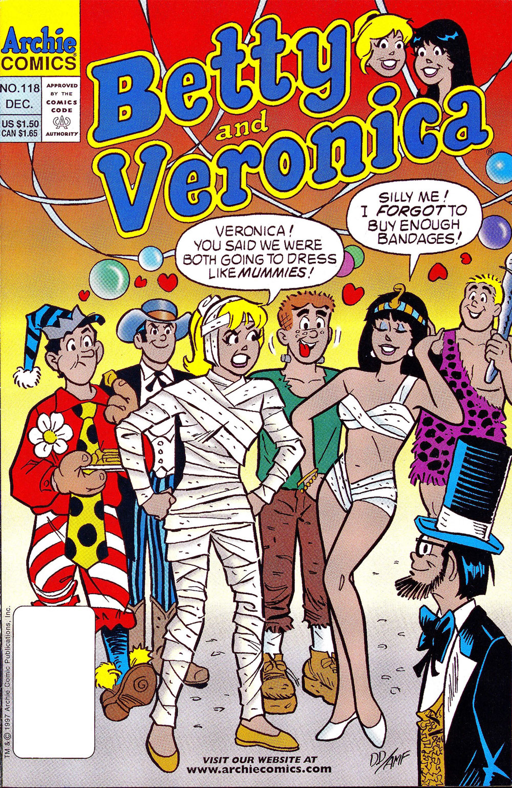 Cover of BETTY AND VERONICA #118. Betty and Veronica are at a Halloween party. They're both dressed as mummies but Betty is mad that Veronica's costume is more revealing.