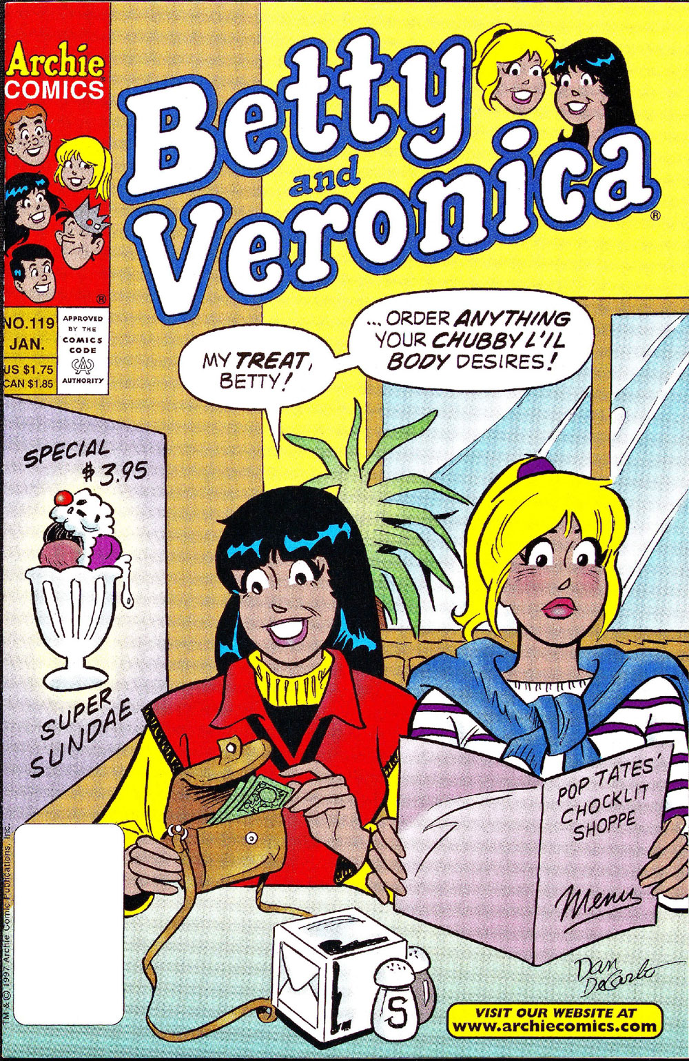 The cover of BETTY AND VERONICA #119. Betty and Veronica are hanging out at an ice cream shop..