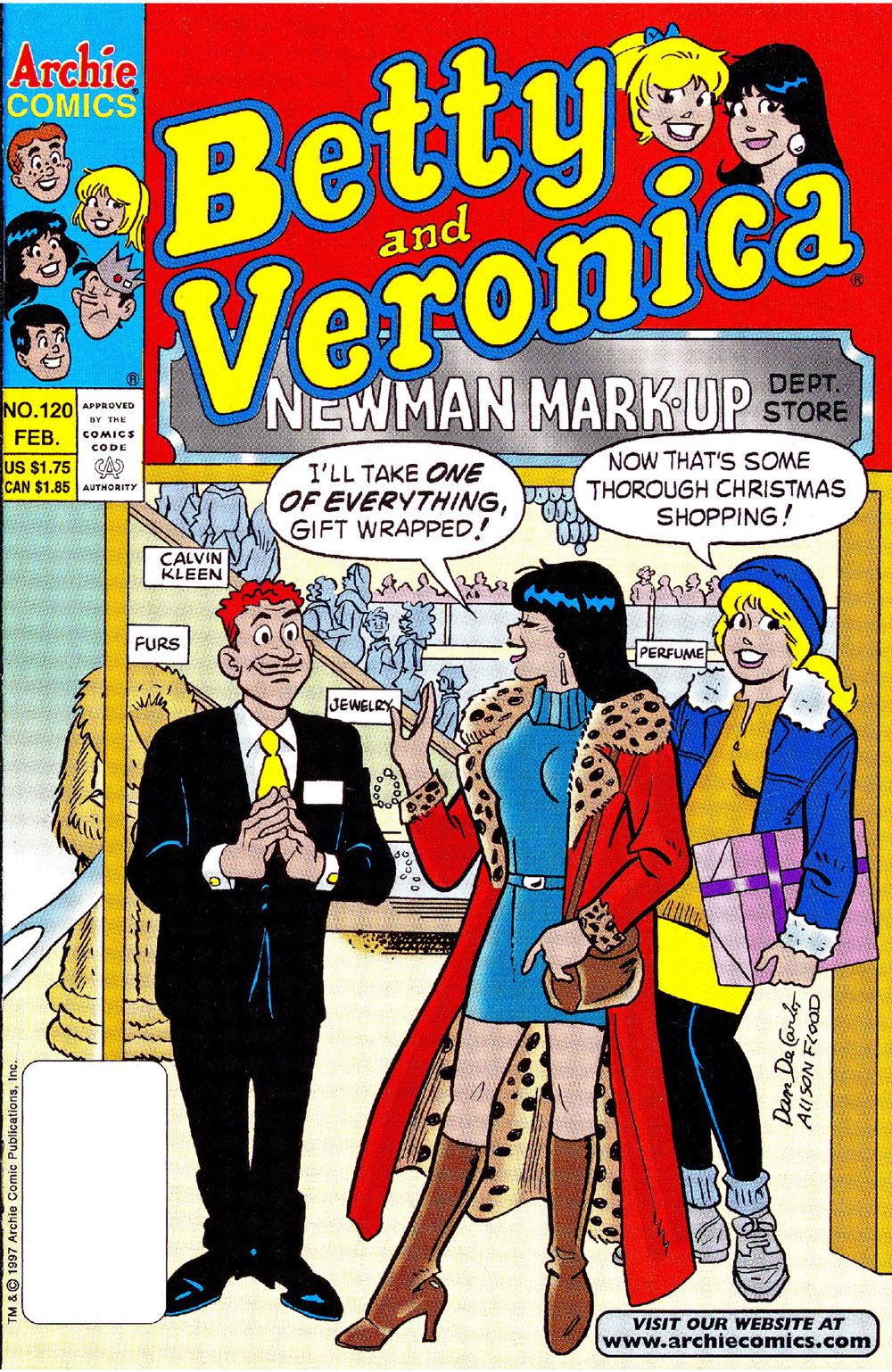 Cover of BETTY AND VERONICA #120. Betty and Veronica are Christmas shopping at an expensive department store.