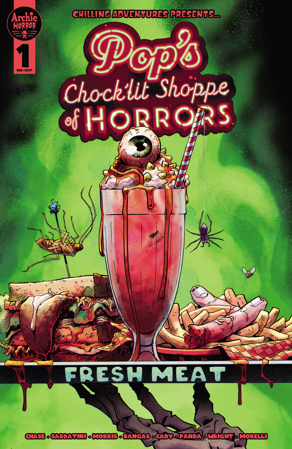 Cover of POP’S CHOCK’LIT SHOPPE OF HORRORS: FRESH MEAT. An array of disgusting food on a diner food, like a milkshake with an eyeball on top, severed fingers in french fries, and lots of insects.