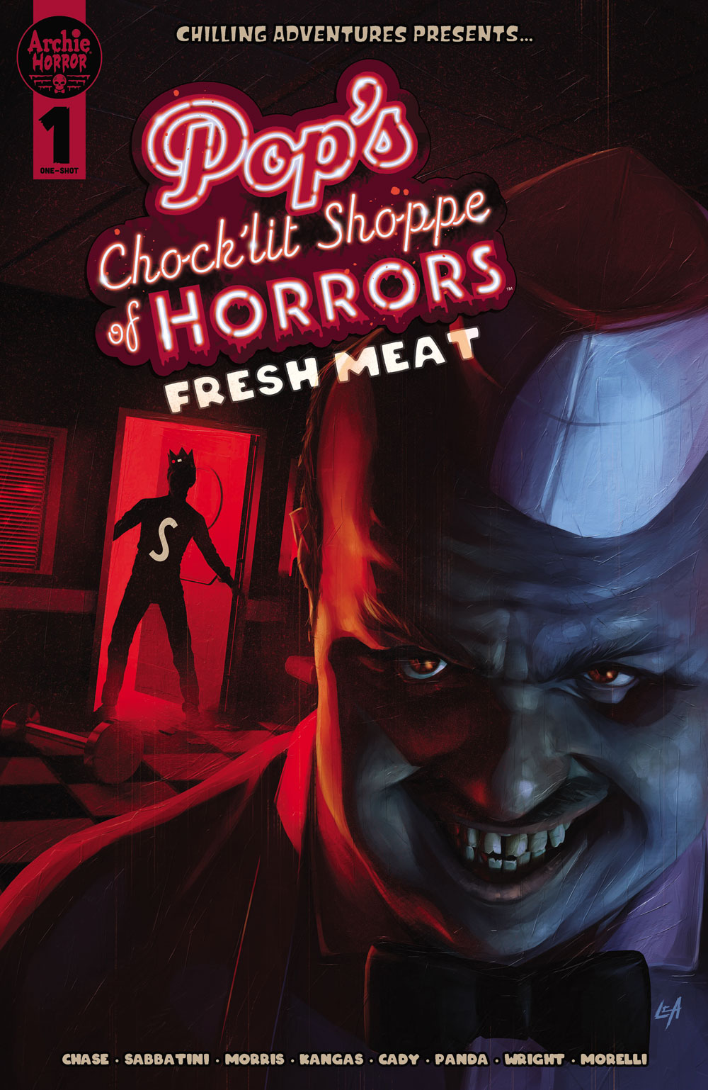 Variant Cover of POP’S CHOCK’LIT SHOPPE OF HORRORS: FRESH MEAT. Pop Tate stands in the foreground with an evil grin while Jughead enters the darkened diner in the background.