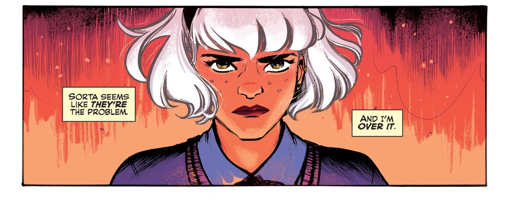 A panel from an Archie Comics story. Sabrina looks determined to stop some kidnappers at her school.