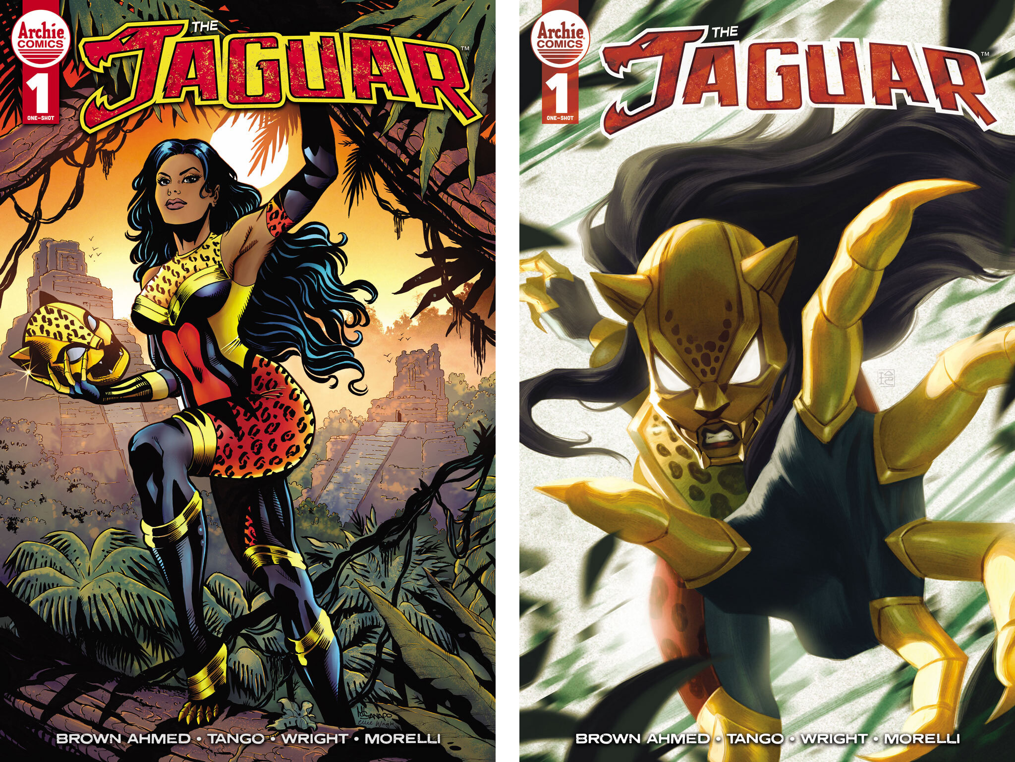 Two covers of THE JAGUAR comic book, both featuring the superhero The Jaguar in a jungle, leaping into action.