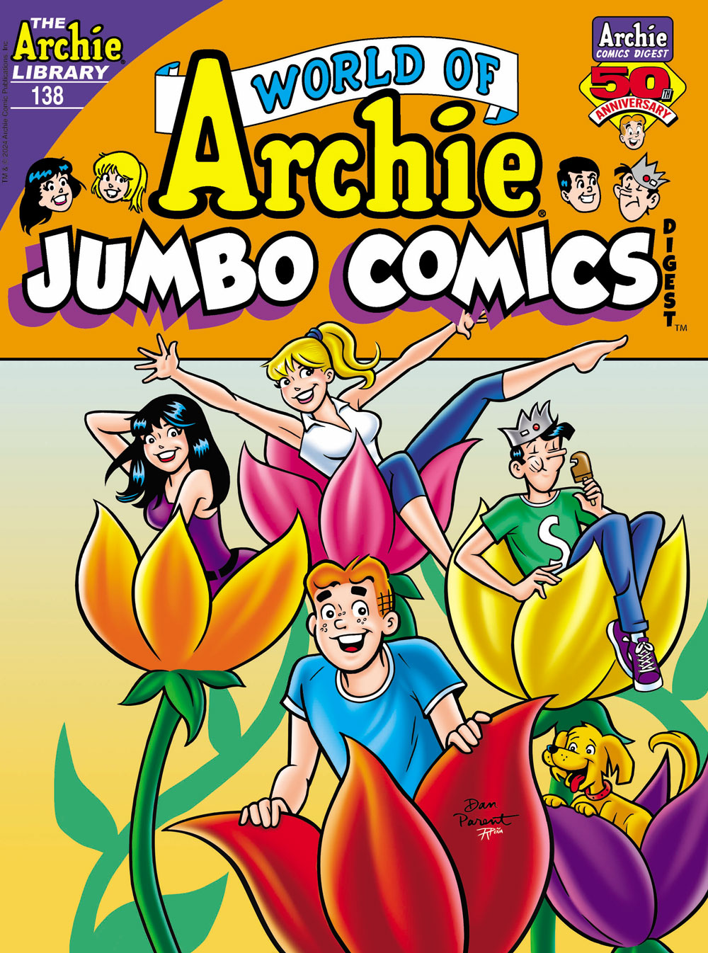 Cover of WORLD OF ARCHIE DIGEST #138. Archie and the gang lounge around inside giant tulip blossoms.