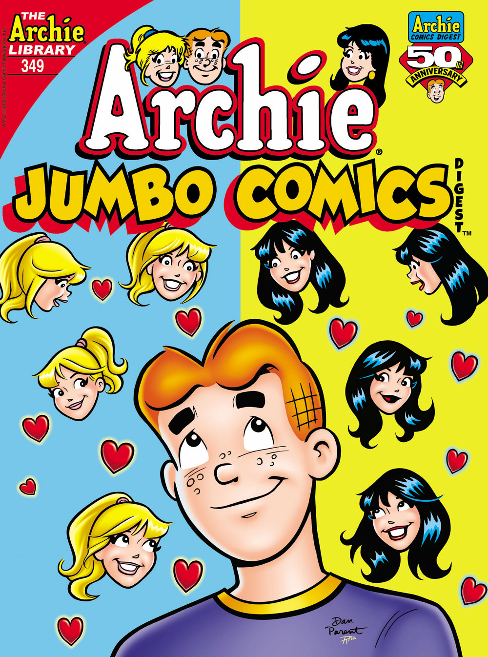 Archie looks up at a cloud of images of Betty and Veronica, all floating above his head with hearts.