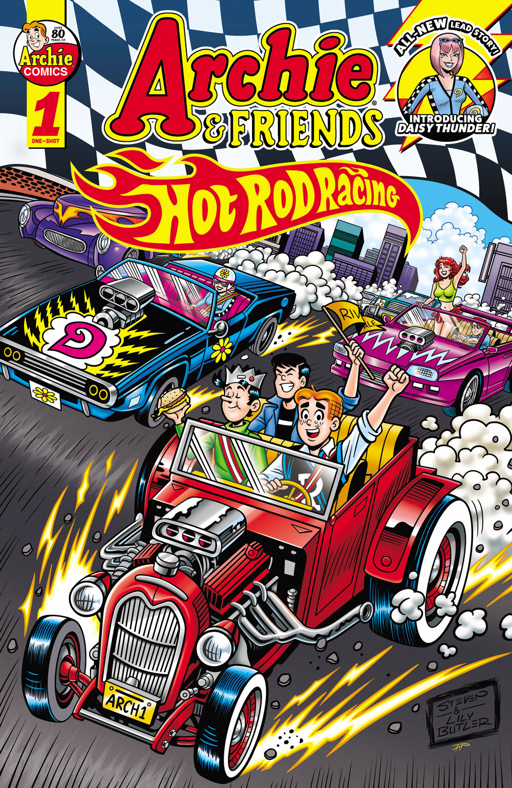 Archie, Reggie and Jughead lead a drag race in Archie's customized jalopy, with new character Daisy Thunder following a close second. She is a slim white woman with pink hair wearing a helmet and a blue jumpsuit. Cheryl and Jason Blossom follow in third place.