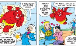 Heartbreaker, the anti-Cupid, who looks like a little red devil in the traditional cartoon style with horns and a pitchfork, is summoned to the mortal plane by Sabrina, who looks shocked. He says he's there to ruin love. He flies over Moose and Midge, out on a date in the park, and says he'll start with them.