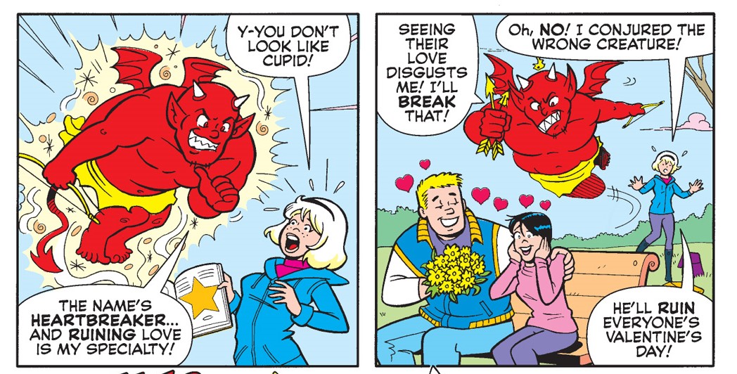 Heartbreaker, the anti-Cupid, who looks like a little red devil in the traditional cartoon style with horns and a pitchfork, is summoned to the mortal plane by Sabrina, who looks shocked. He says he's there to ruin love. He flies over Moose and Midge, out on a date in the park, and says he'll start with them.