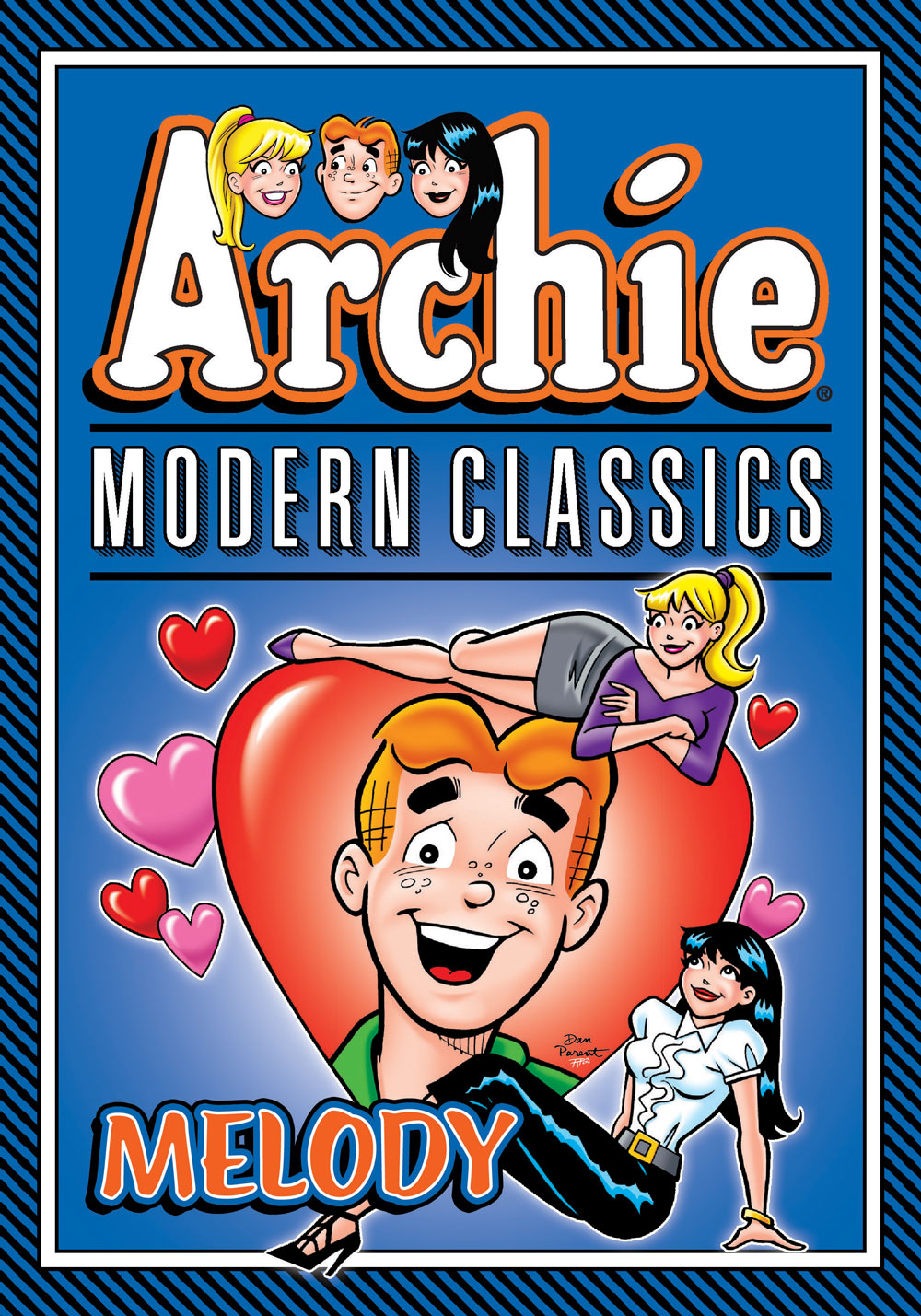 Archie is inside of a heart shape looking out at the reader. Betty lays across the top of the heart, while Veronica lays at the bottom of the image. They both look lovingly at Archie.