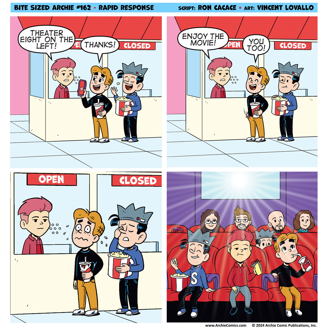 A BITE SIZED ARCHIE comic strip featuring Archie, Jughead, and Scam Likely at the movie theater. 